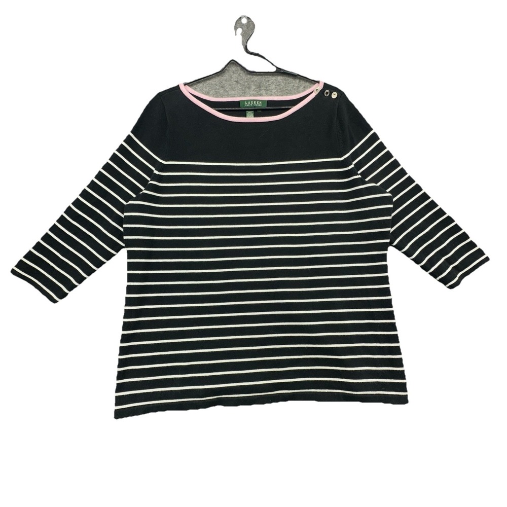 Lauren Ralph Lauren 1X Black White‎ Stripe Top 3/4 Sleeve Pink Trim Sweater